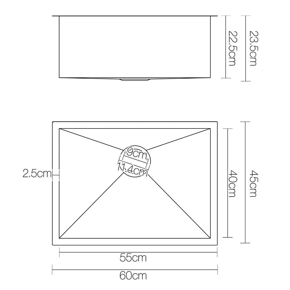 60cm Stainless Steel Kitchen Double Sink Basin Bowl Under/Top/Flush Mount Black