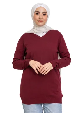 Brick Red V-Neck Knit Pullover