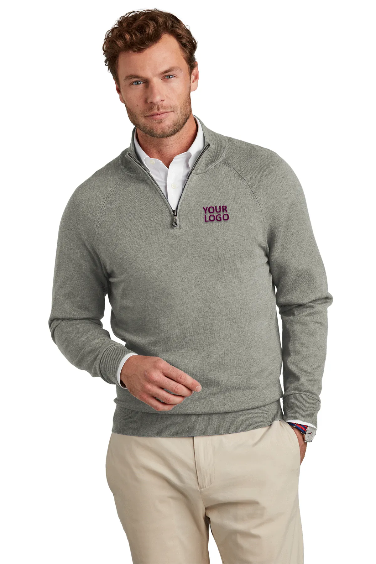 Brooks Brothers Cotton Stretch Custom 1/4-Zip Sweaters, Light Shadow Grey Heather