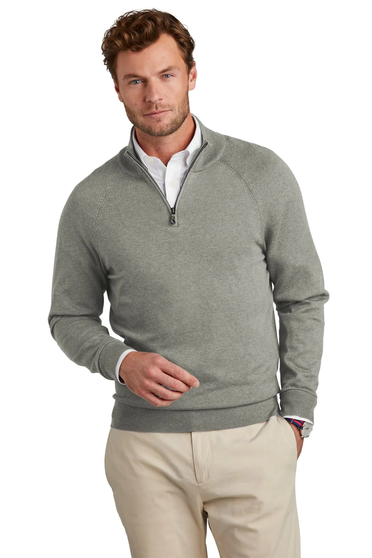 Brooks Brothers Cotton Stretch Custom 1/4-Zip Sweaters, Light Shadow Grey Heather
