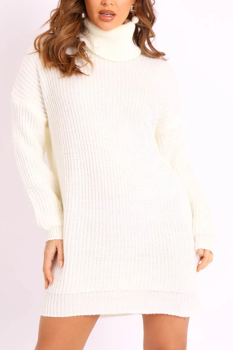 Cream Roll Neck Mini Jumper Dress - Dariyana