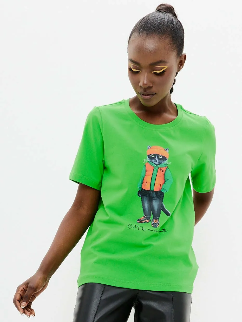 Green Printed T-shirt HOODIE CAT