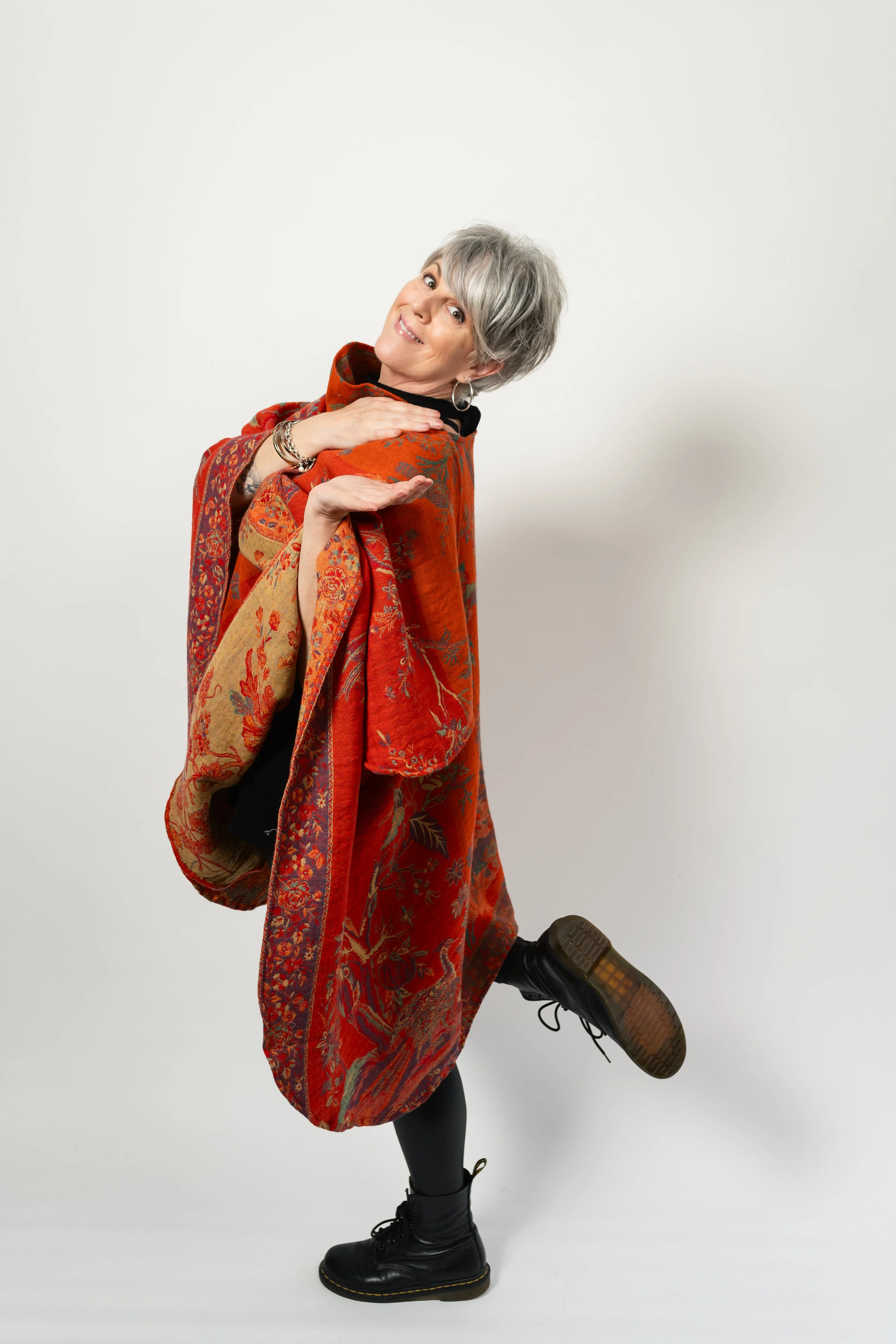 Long Cape Shawl BEYOND Ruana in Tangerine Bird   Free Bag