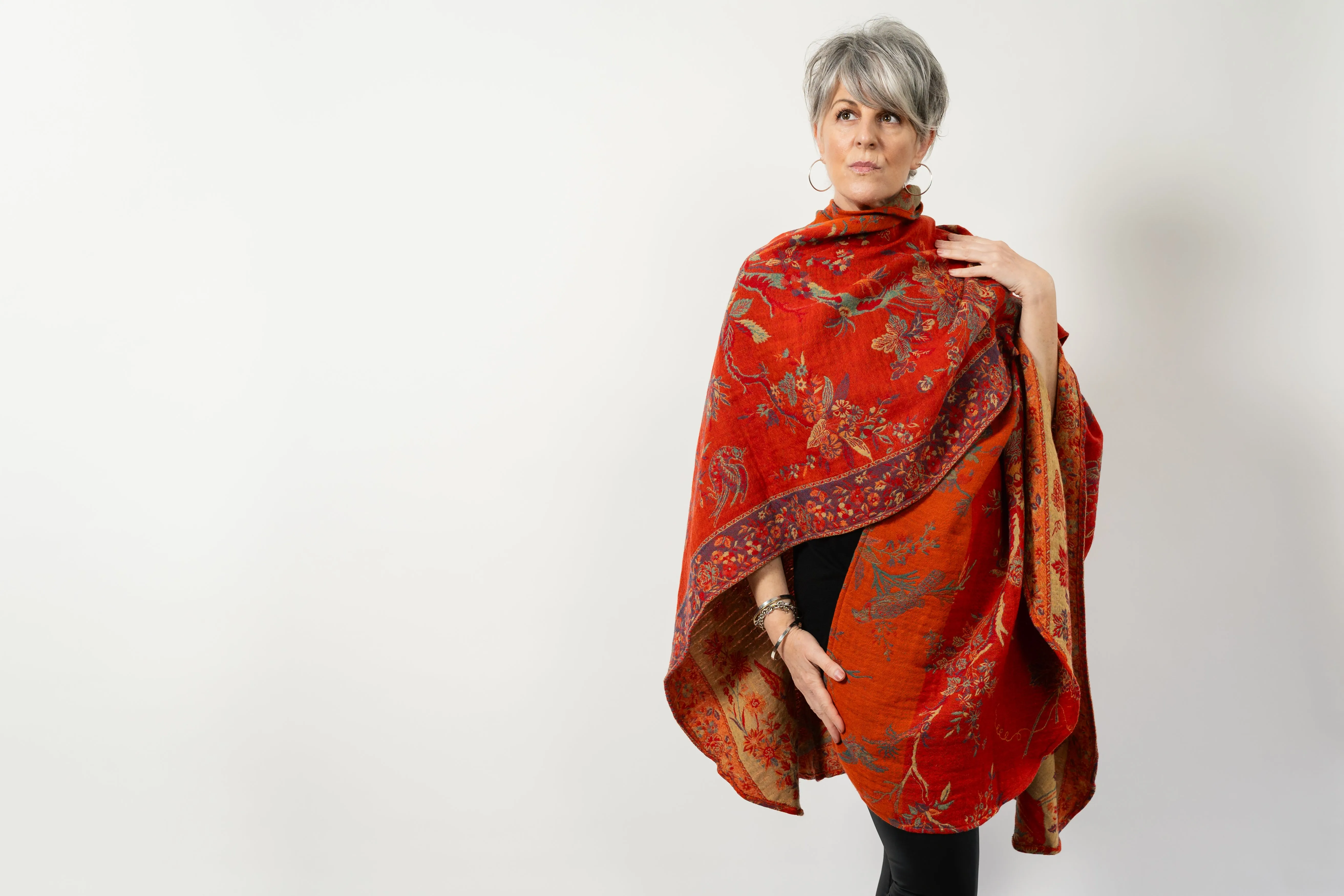 Long Cape Shawl BEYOND Ruana in Tangerine Bird   Free Bag
