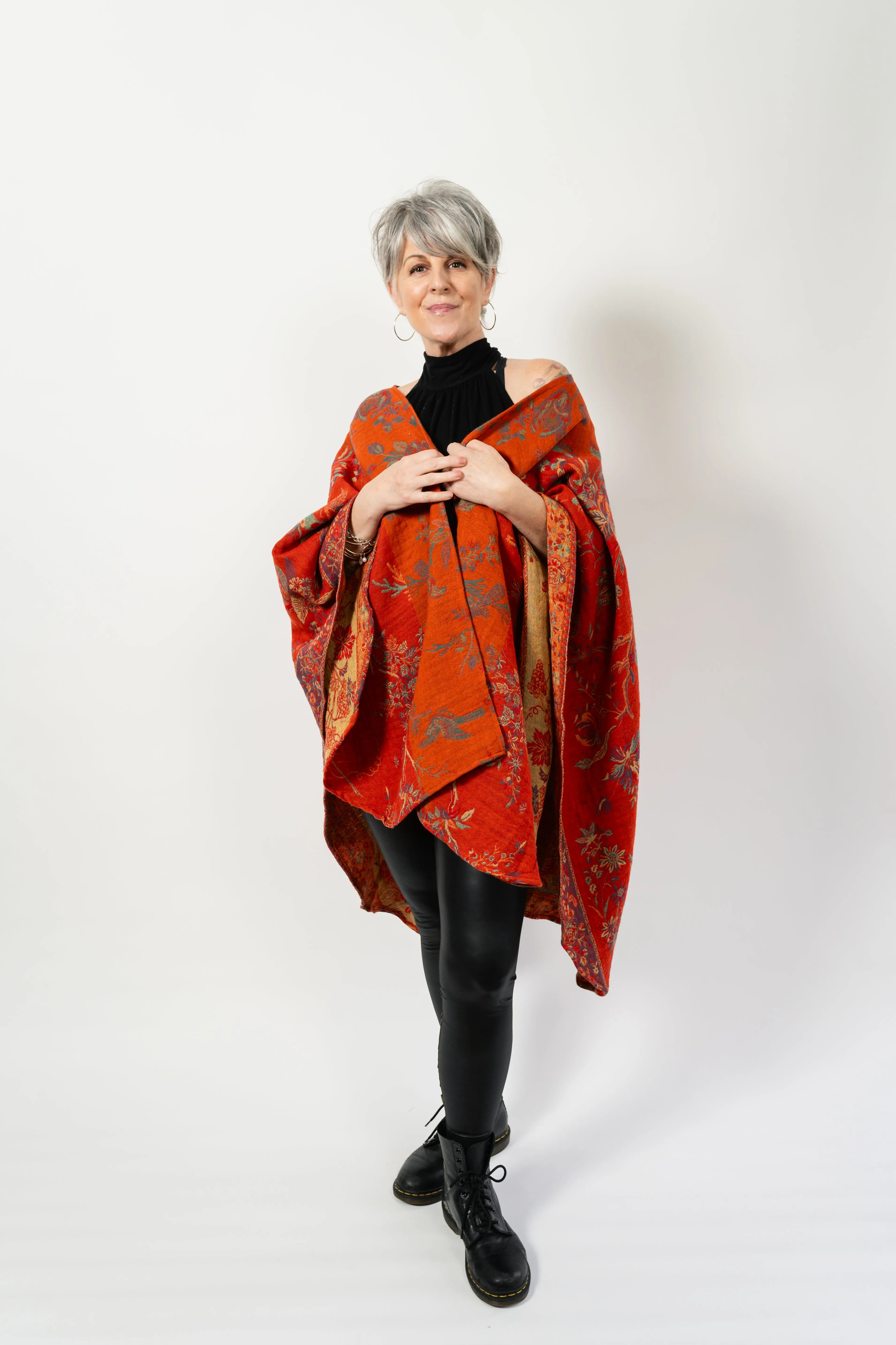 Long Cape Shawl BEYOND Ruana in Tangerine Bird   Free Bag