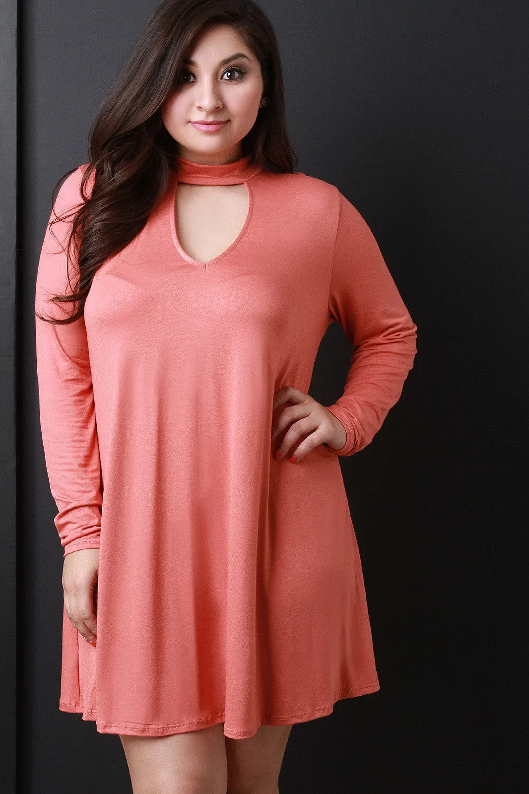 Long Sleeve Mock Neck Key Hole Shift Dress