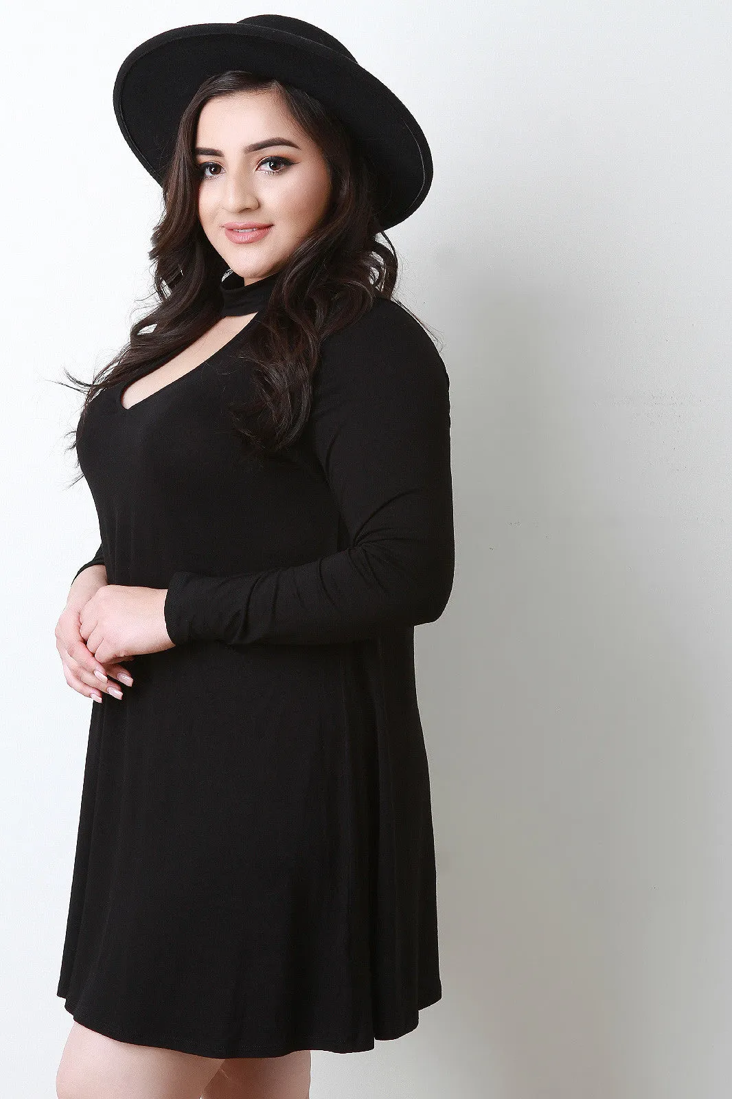 Long Sleeve Mock Neck Key Hole Shift Dress