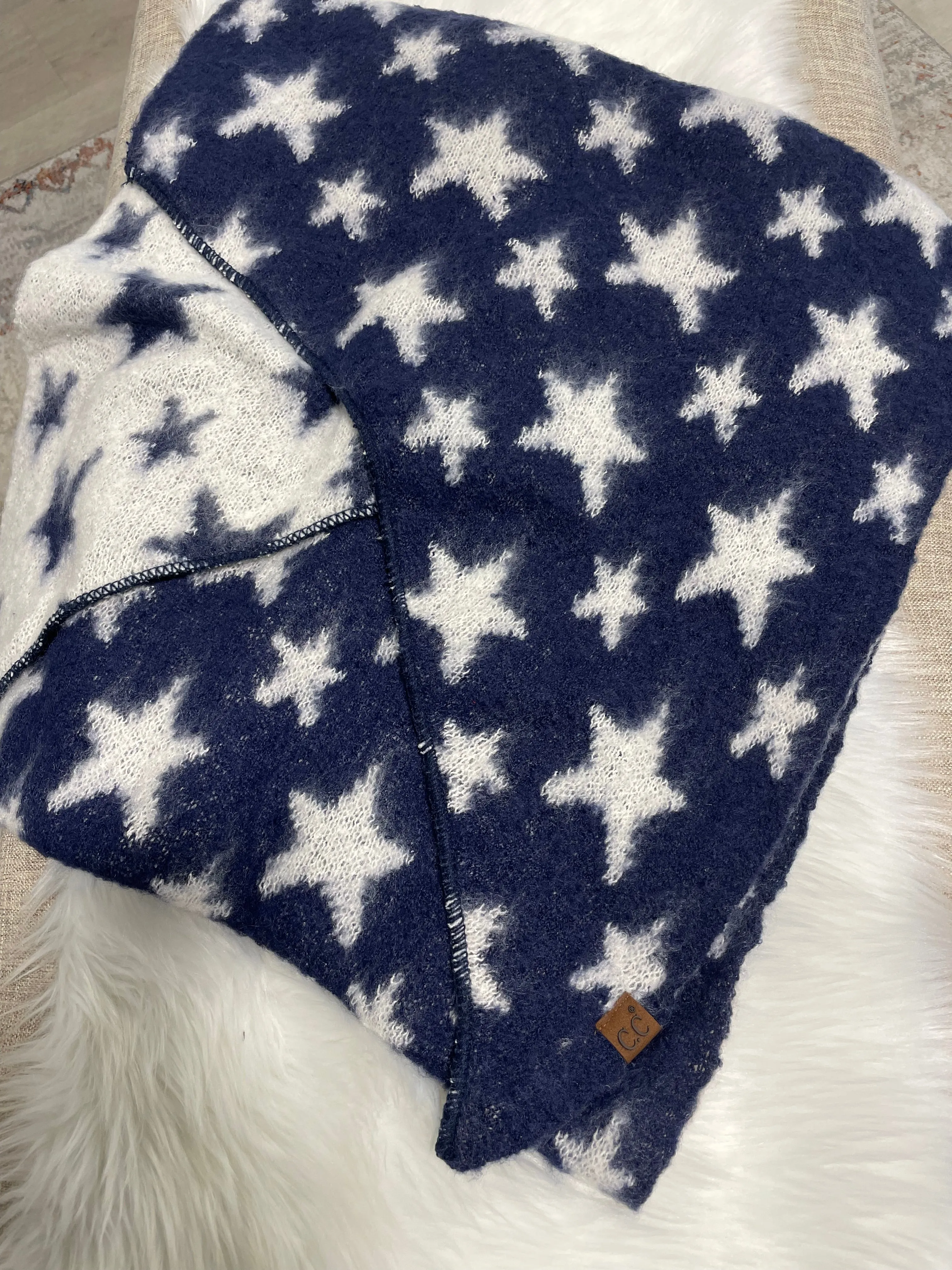 Navy & White Stars Reversible CC Brand Scarf w/Fringe