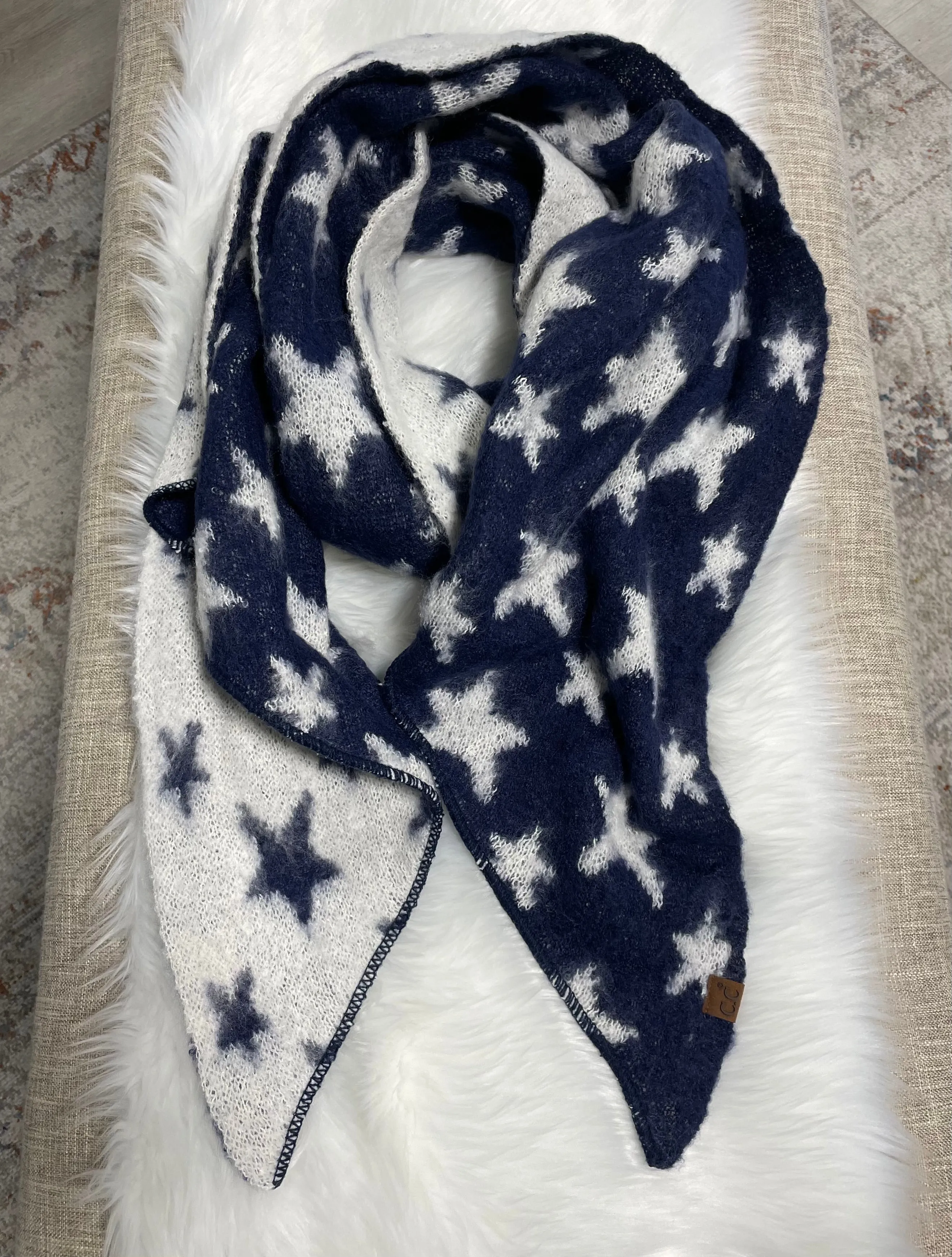 Navy & White Stars Reversible CC Brand Scarf w/Fringe