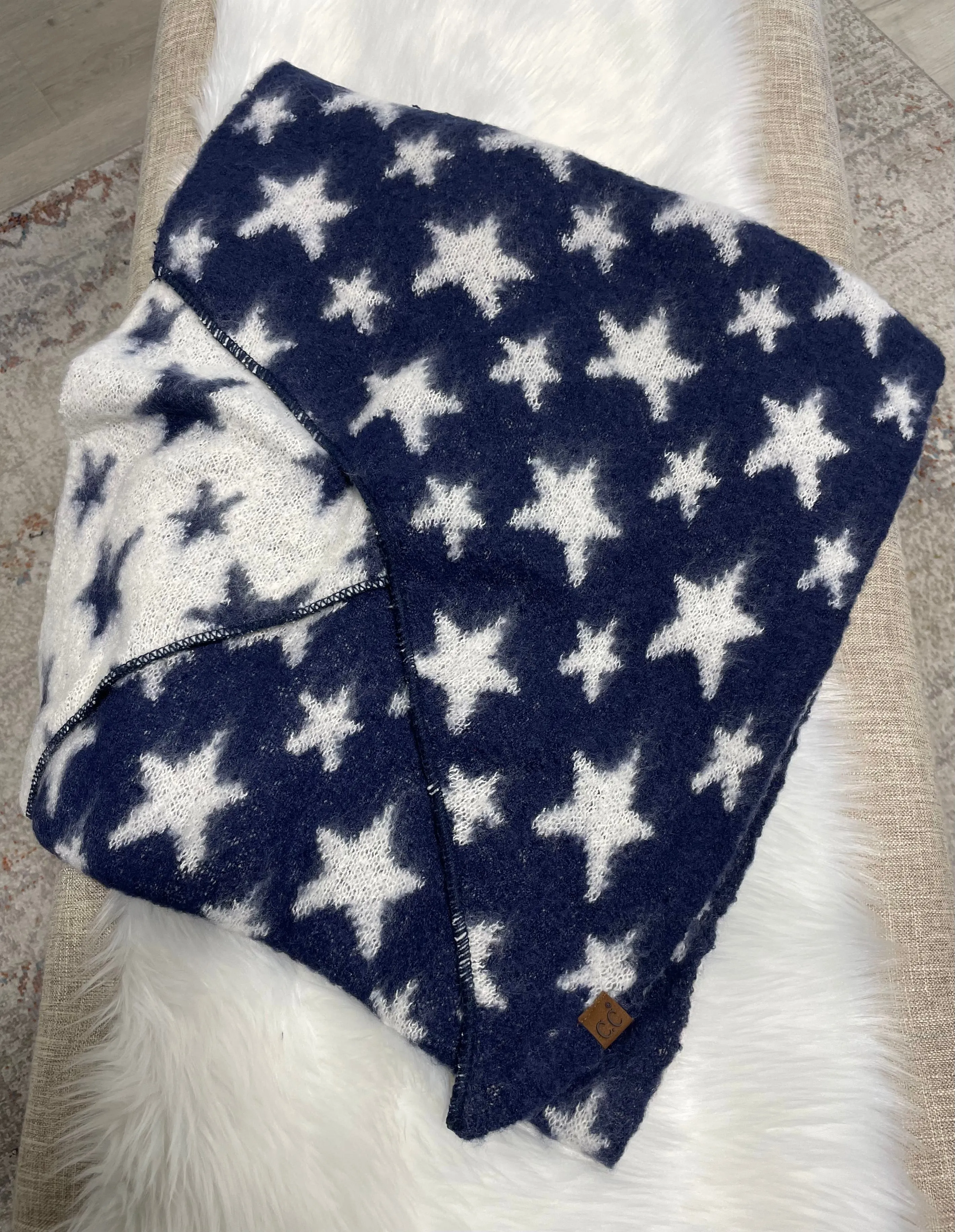 Navy & White Stars Reversible CC Brand Scarf w/Fringe