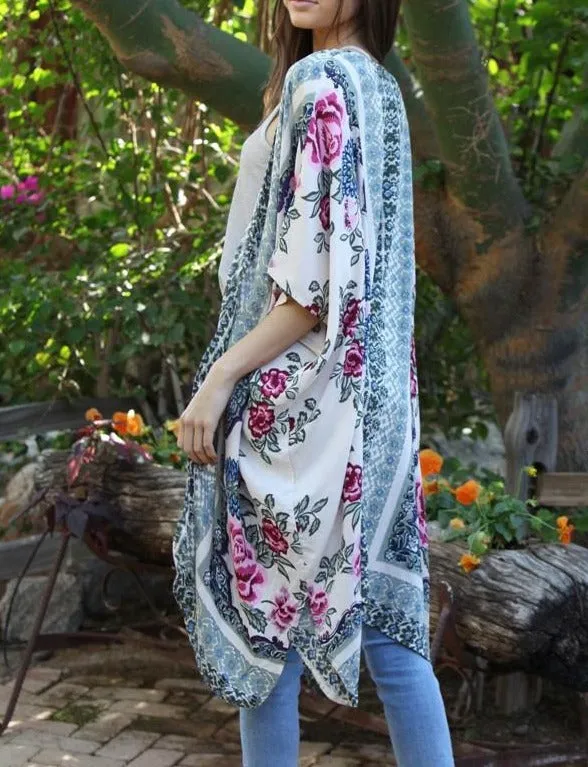 Olive Floral Print Kimono Duster