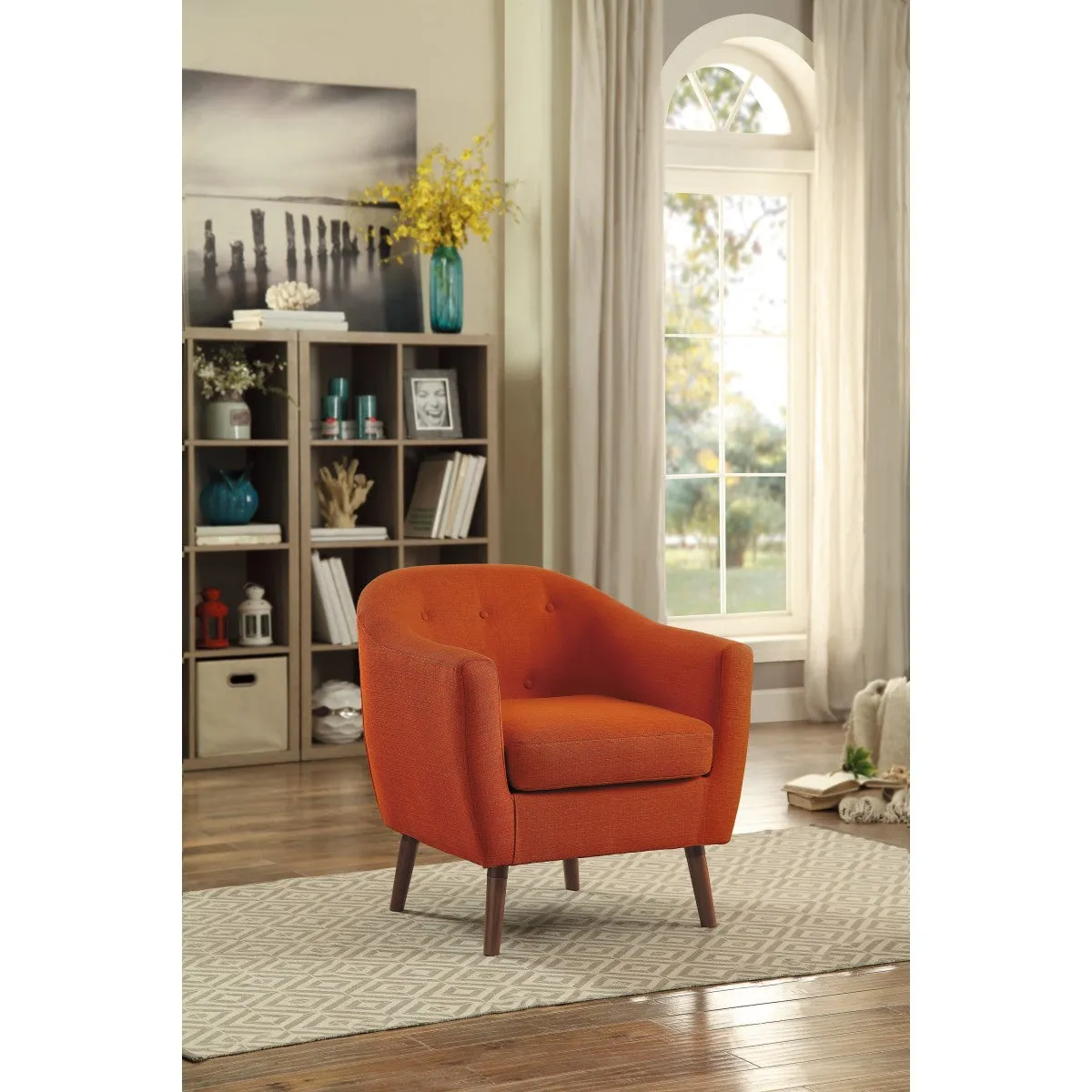 Orange Accent Chair with Button-Tufted Back and Espresso Wood Legs