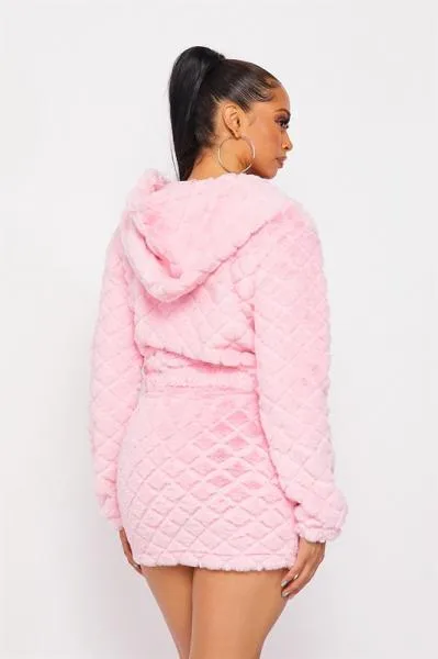 Quilted Hoodie and Skirt Set - Pink -