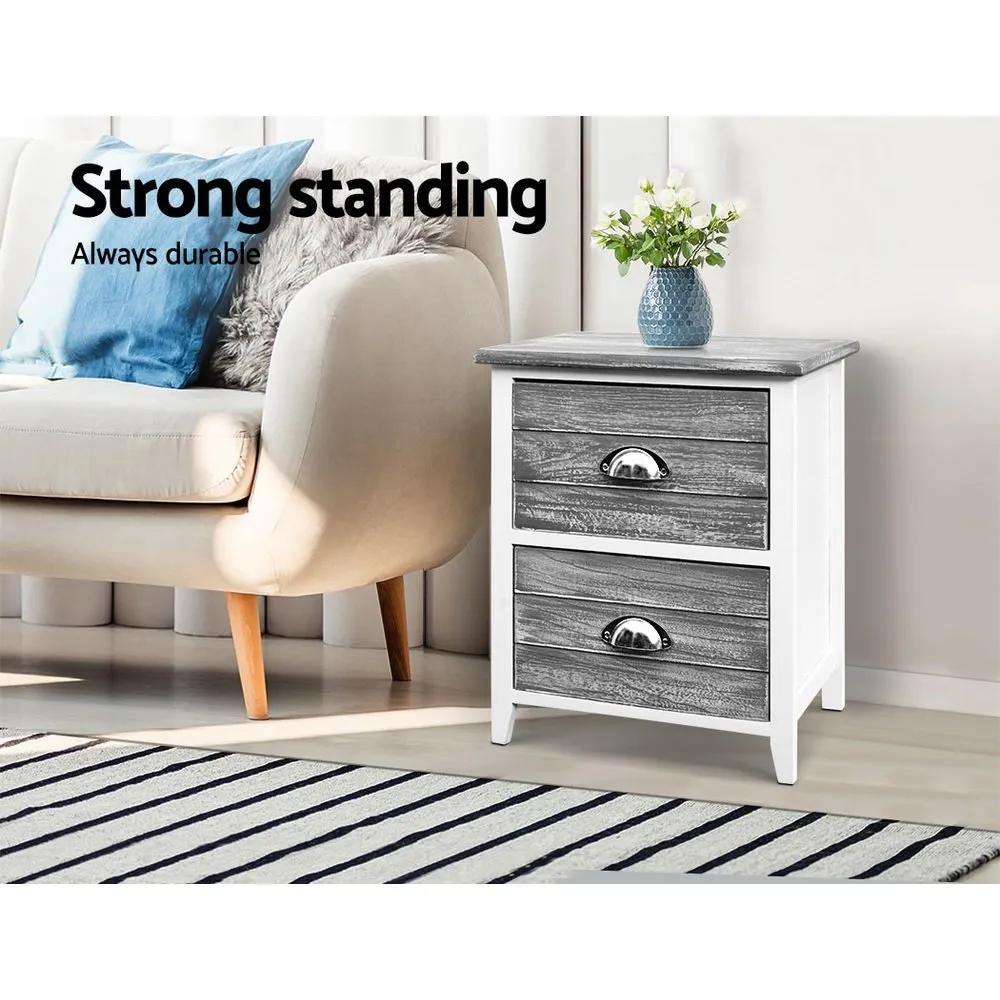 Set of 2 Vintage Style Bedside Tables - Grey & White