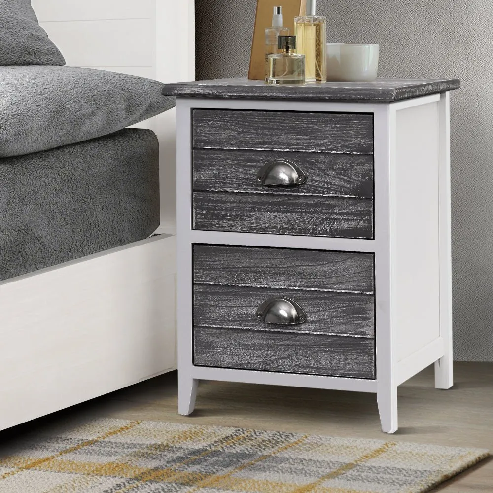 Set of 2 Vintage Style Bedside Tables - Grey & White