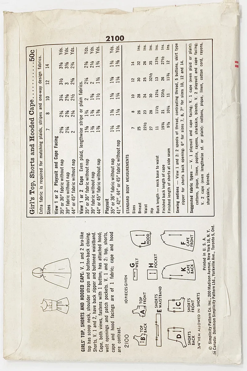Simplicity 2100 Girls Vintage 1950s Sewing Pattern Crop Top Shorts & Cape