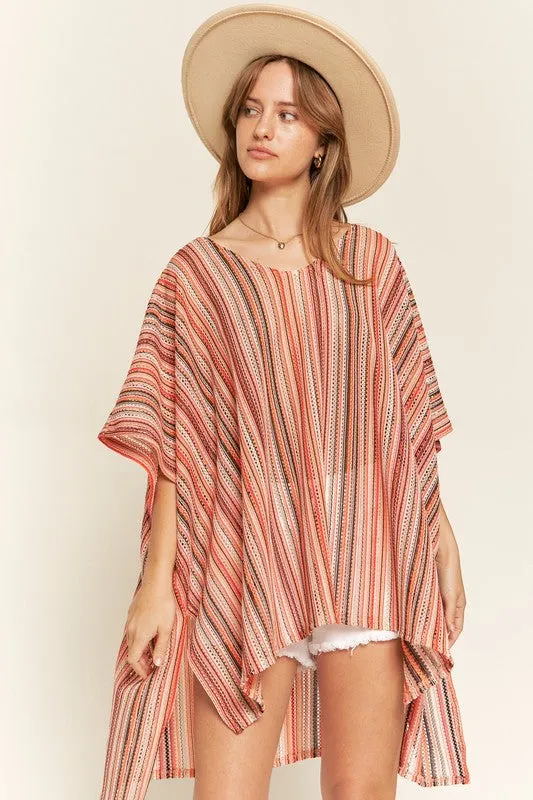 TEEK - PEACH COLORFUL VERTICAL STRIPE PONCHO