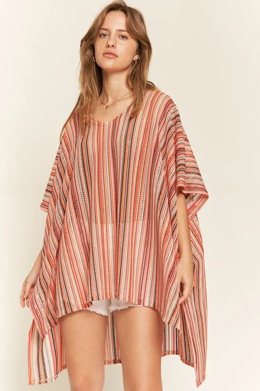 TEEK - PEACH COLORFUL VERTICAL STRIPE PONCHO