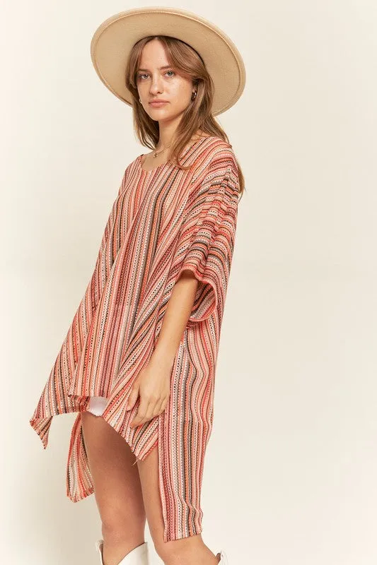 TEEK - PEACH COLORFUL VERTICAL STRIPE PONCHO