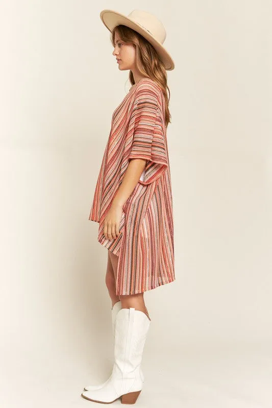 TEEK - PEACH COLORFUL VERTICAL STRIPE PONCHO