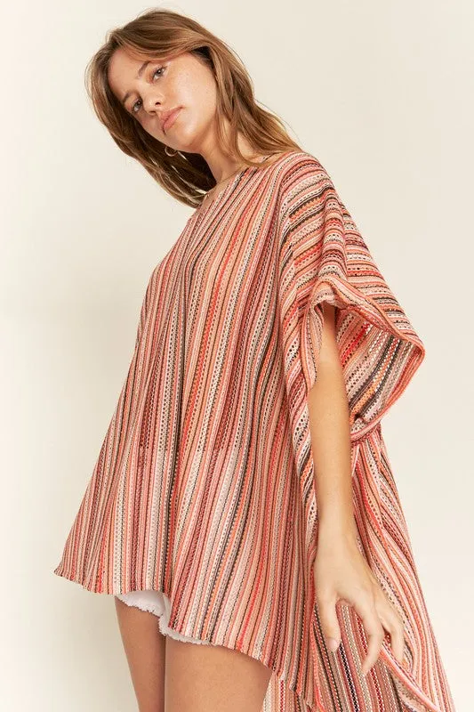 TEEK - PEACH COLORFUL VERTICAL STRIPE PONCHO