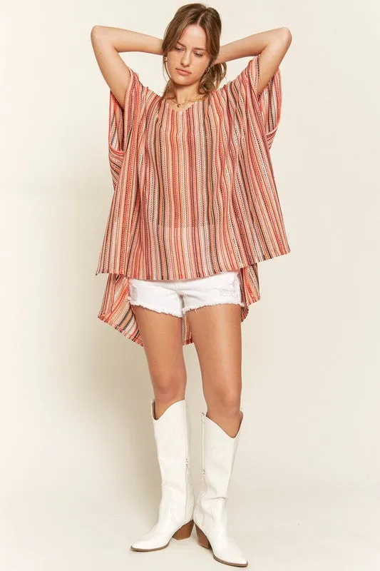 TEEK - PEACH COLORFUL VERTICAL STRIPE PONCHO