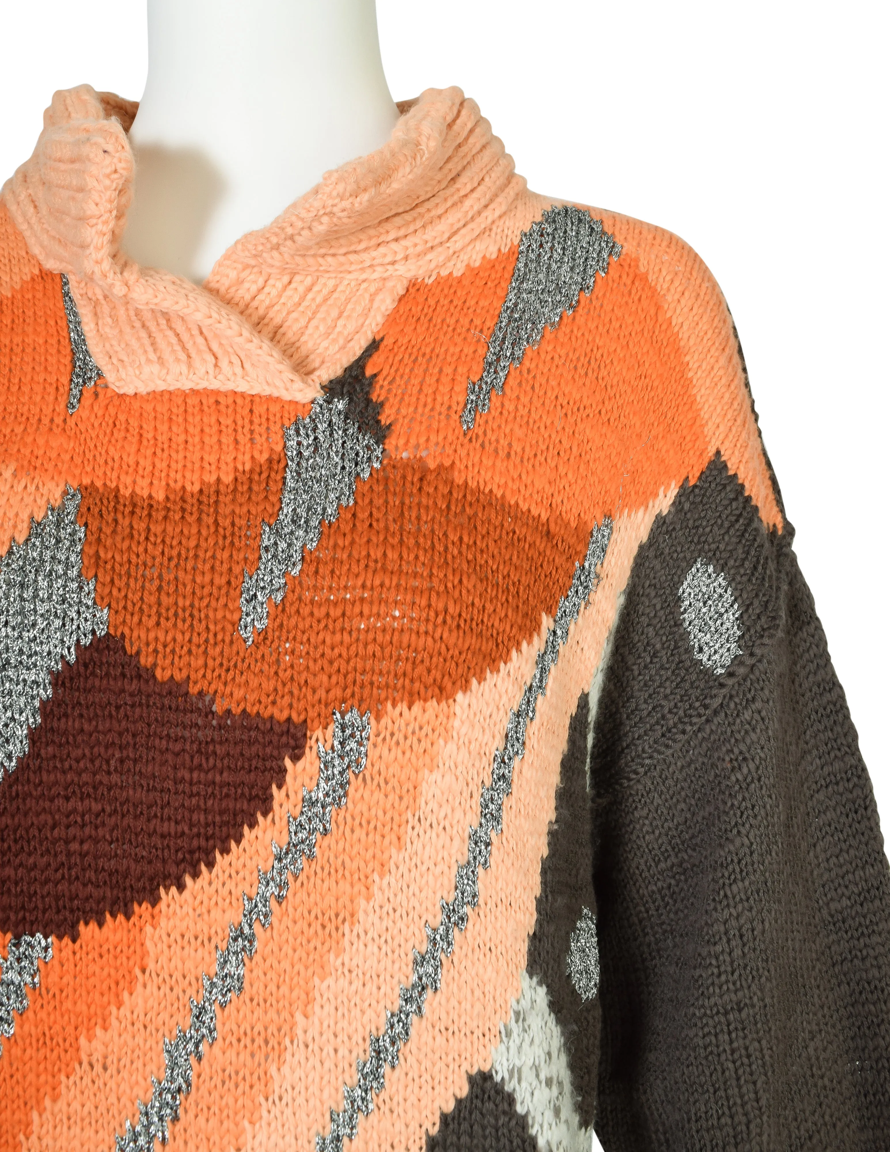 Umberto Ginocchietti Vintage 1980s Orange Grey Brown Silver Graphic Intarsia Knit Wool Sweater