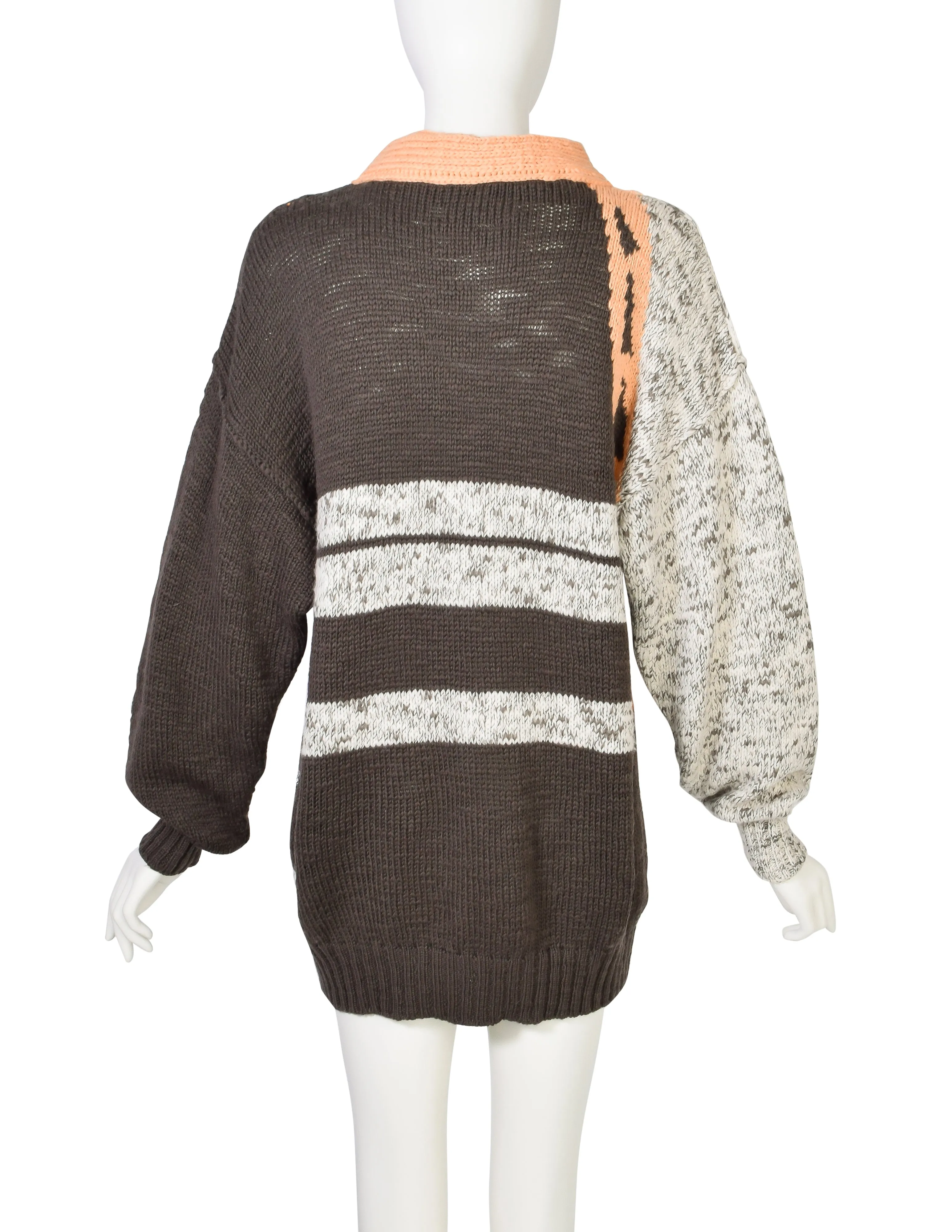 Umberto Ginocchietti Vintage 1980s Orange Grey Brown Silver Graphic Intarsia Knit Wool Sweater