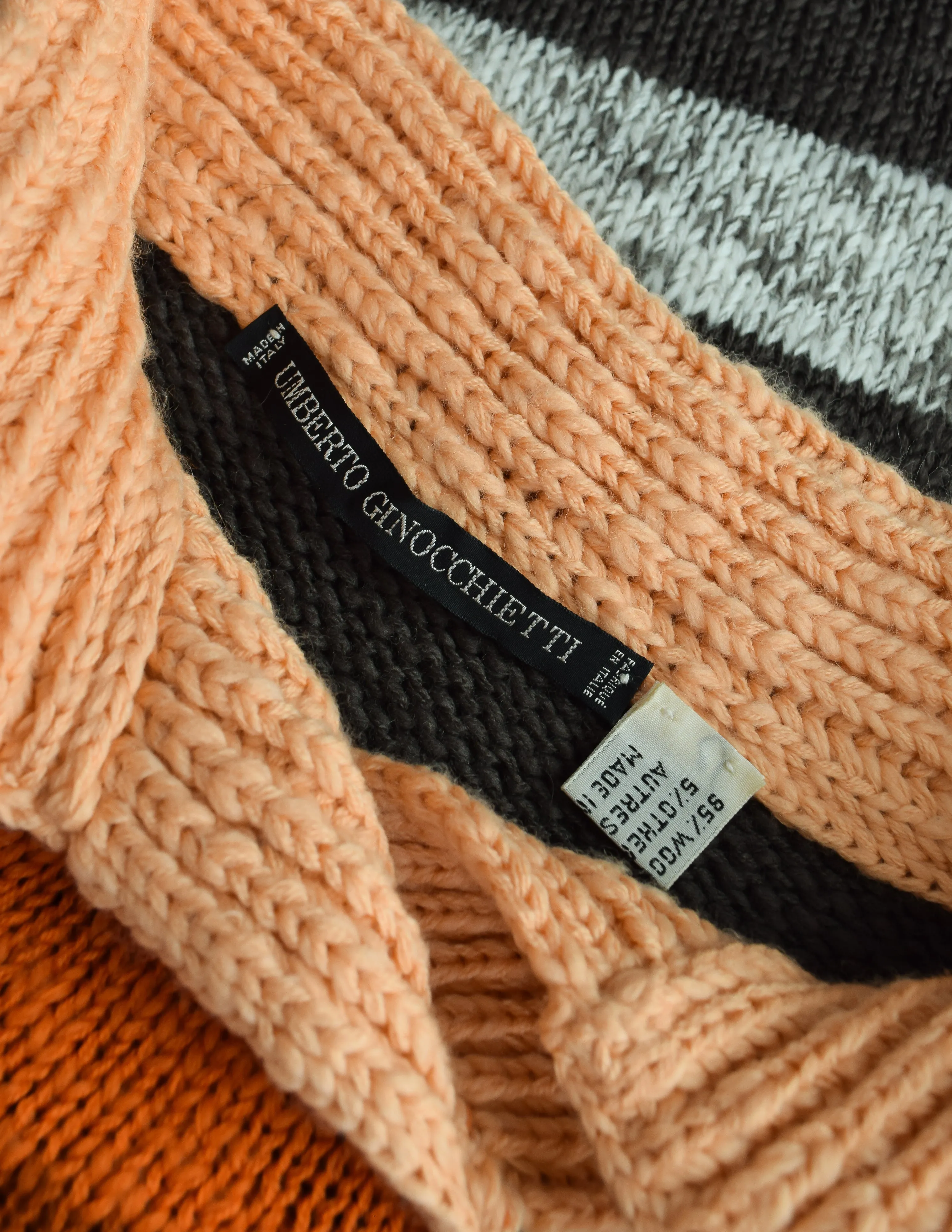 Umberto Ginocchietti Vintage 1980s Orange Grey Brown Silver Graphic Intarsia Knit Wool Sweater