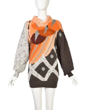 Umberto Ginocchietti Vintage 1980s Orange Grey Brown Silver Graphic Intarsia Knit Wool Sweater