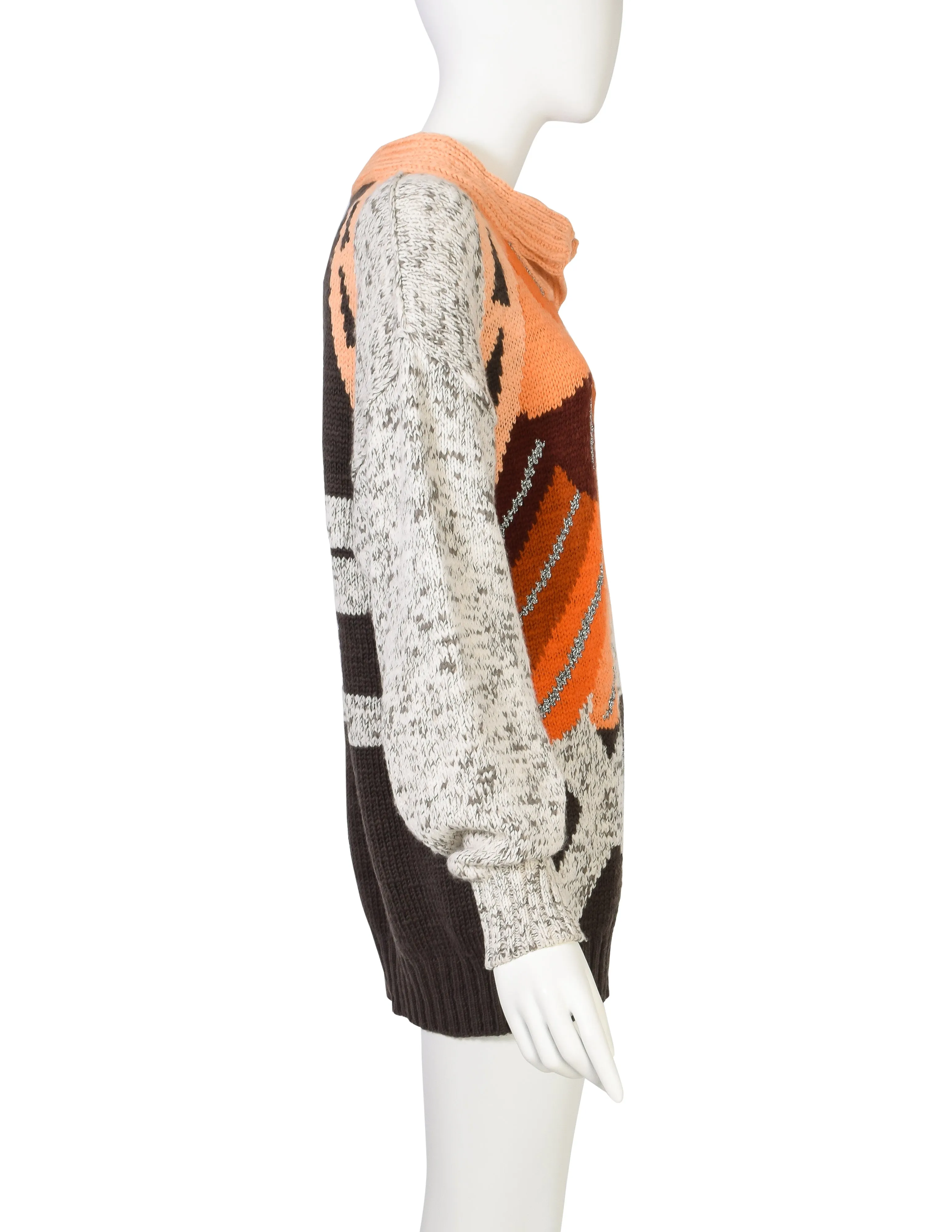 Umberto Ginocchietti Vintage 1980s Orange Grey Brown Silver Graphic Intarsia Knit Wool Sweater