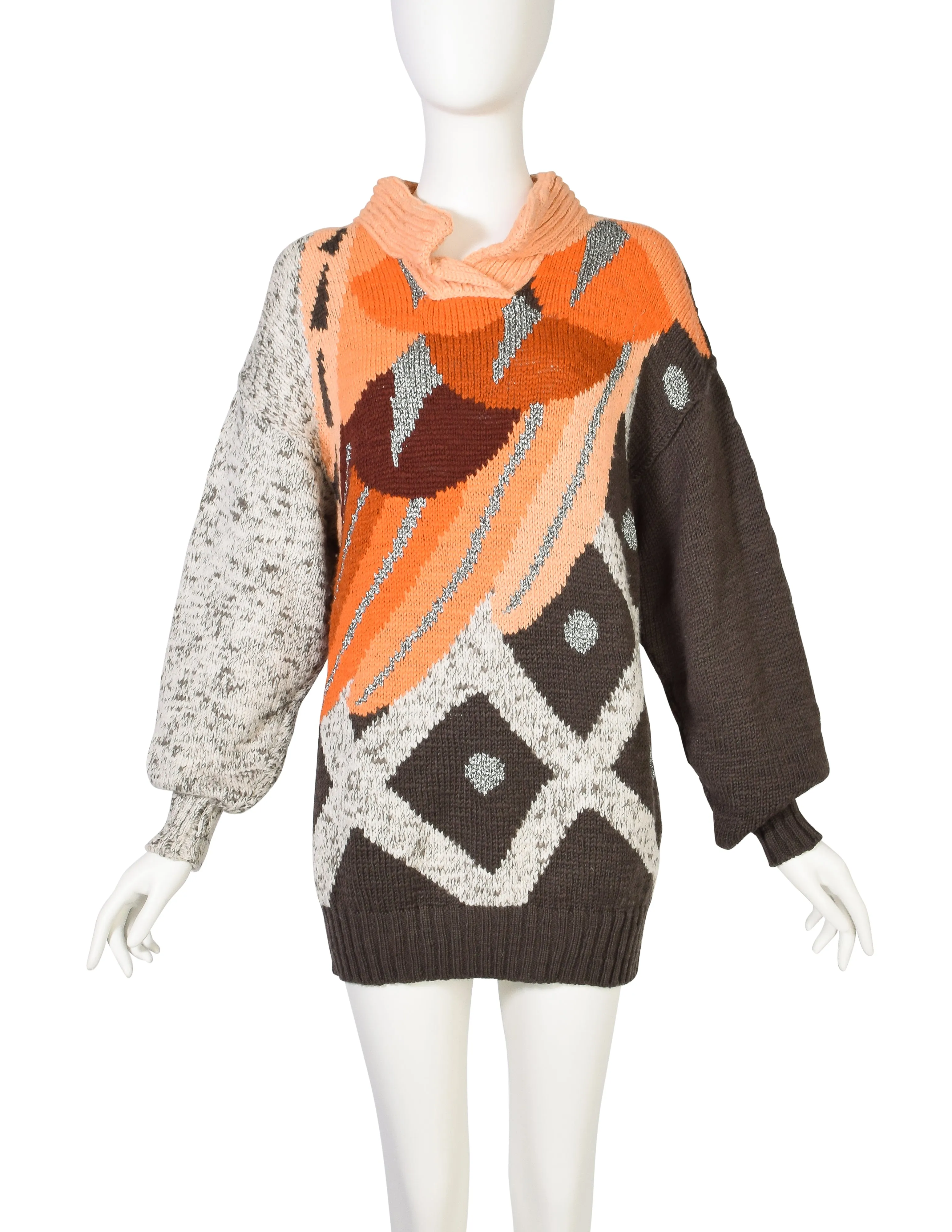 Umberto Ginocchietti Vintage 1980s Orange Grey Brown Silver Graphic Intarsia Knit Wool Sweater