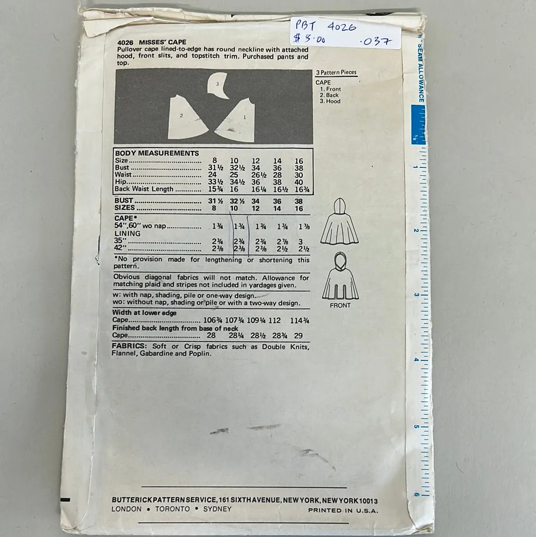 Vintage BUTTERICK Pattern, Misses' Cape (PBT4026)