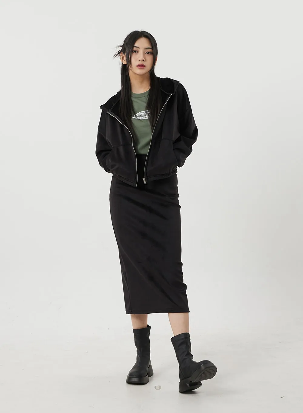 Zip-Up Hoodie And Maxi Track Skirt Set BJ318